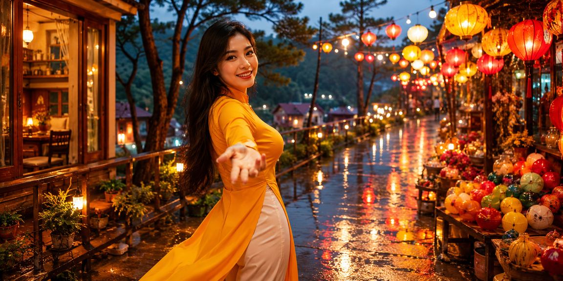 Người dùng tại chợ đêm Đà Lạt kiểm tra số liệu phân tích trên điện thoại buổi tối
